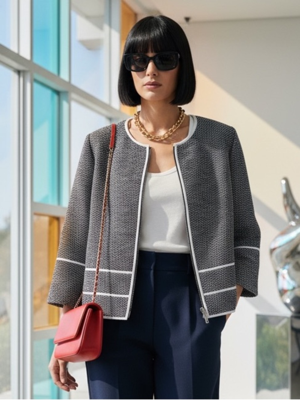 Lafayette 148 Jacket L Navy White Tweed Zip Quiet Luxury Minimalist Designer